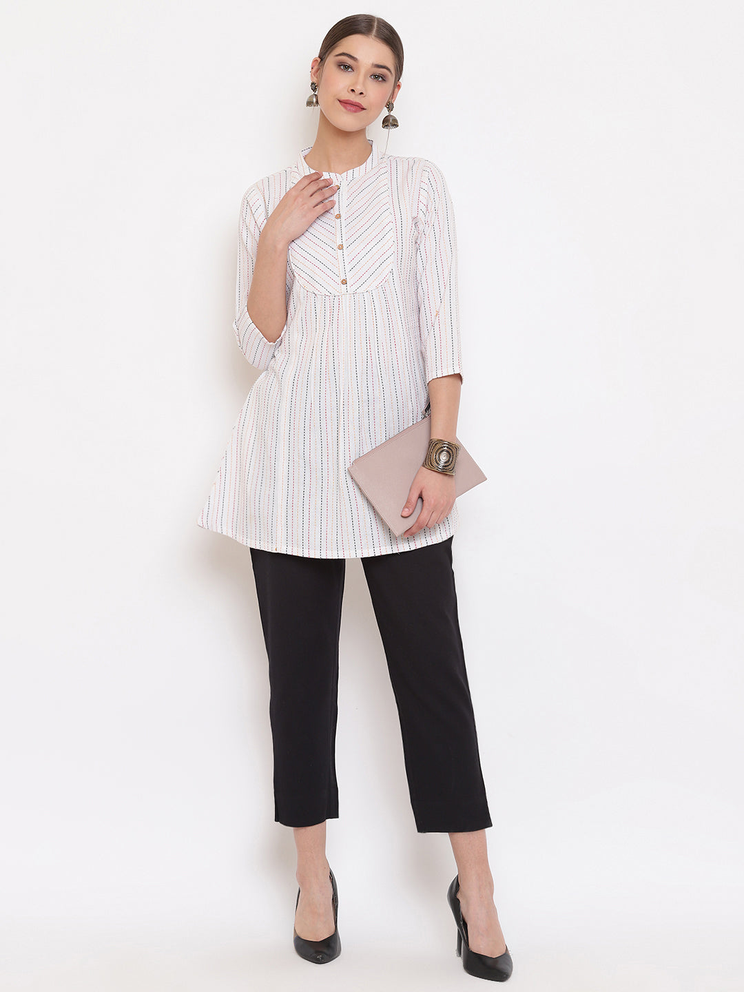 Janasya Women's White Cotton Woven Design A-Line Top
