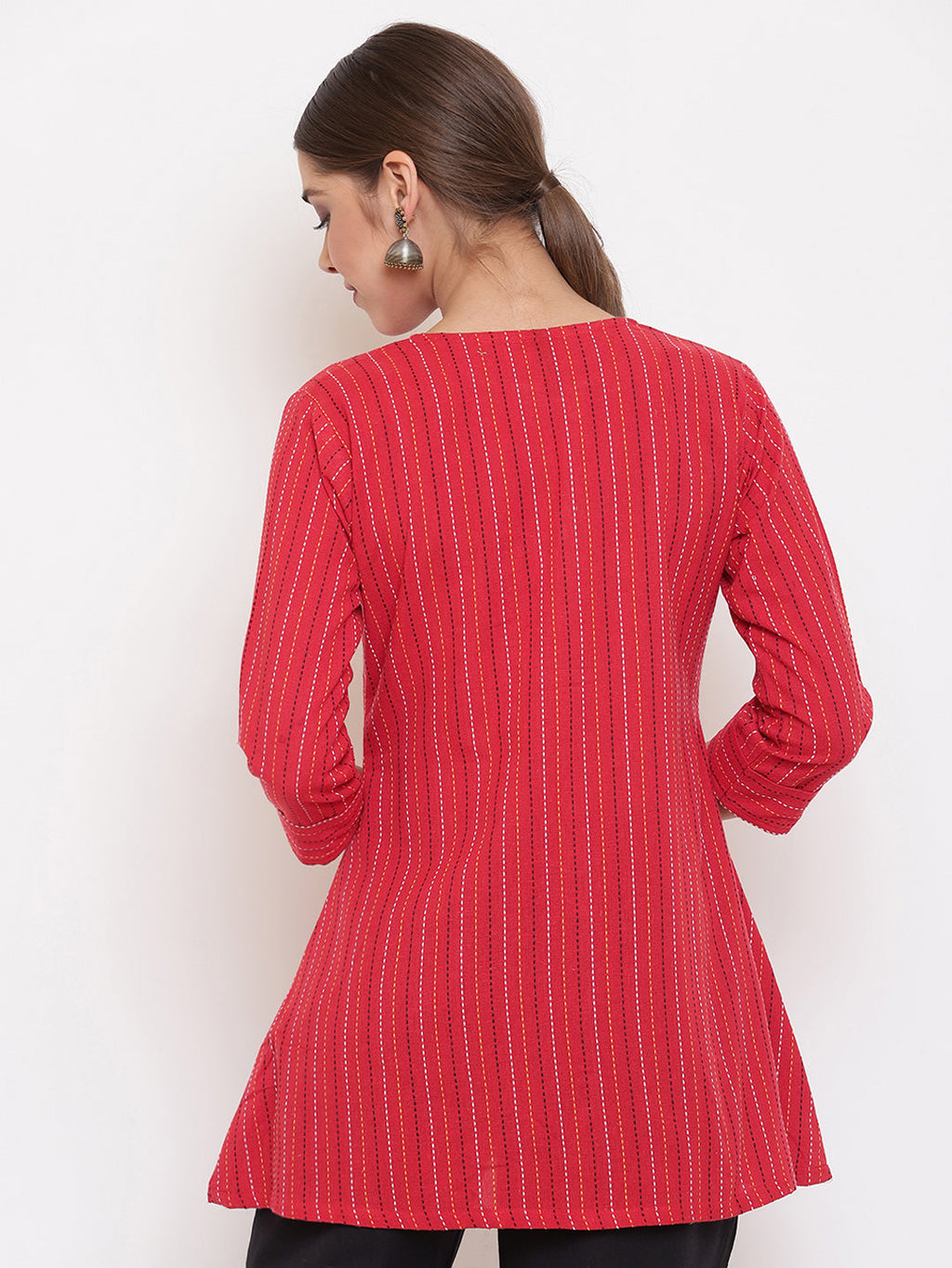 Janasya Women's Red Cotton Woven Design A-Line Top