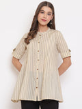 Janasya Women's Cream Cotton Striped Pleated Top