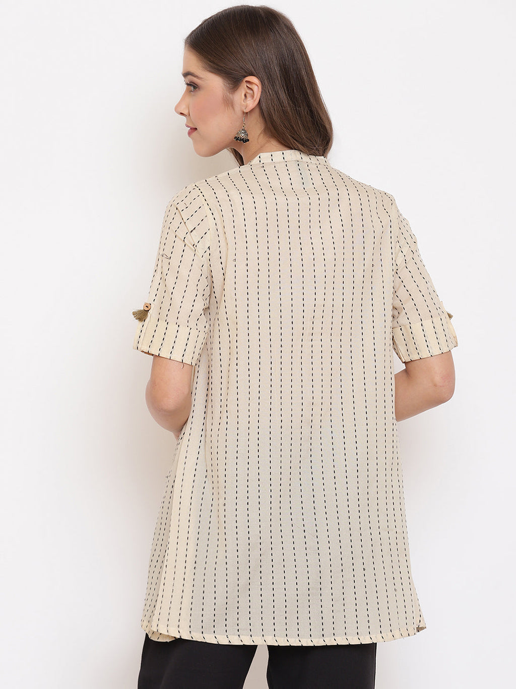 Janasya Women's Cream Cotton Striped Pleated Top