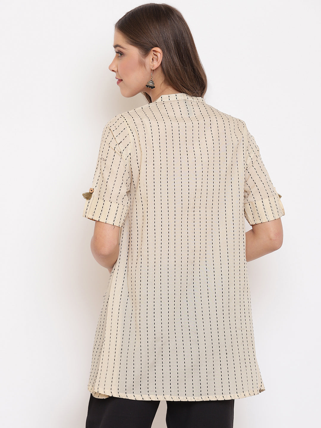 Janasya Women's Cream Cotton Striped Pleated Top