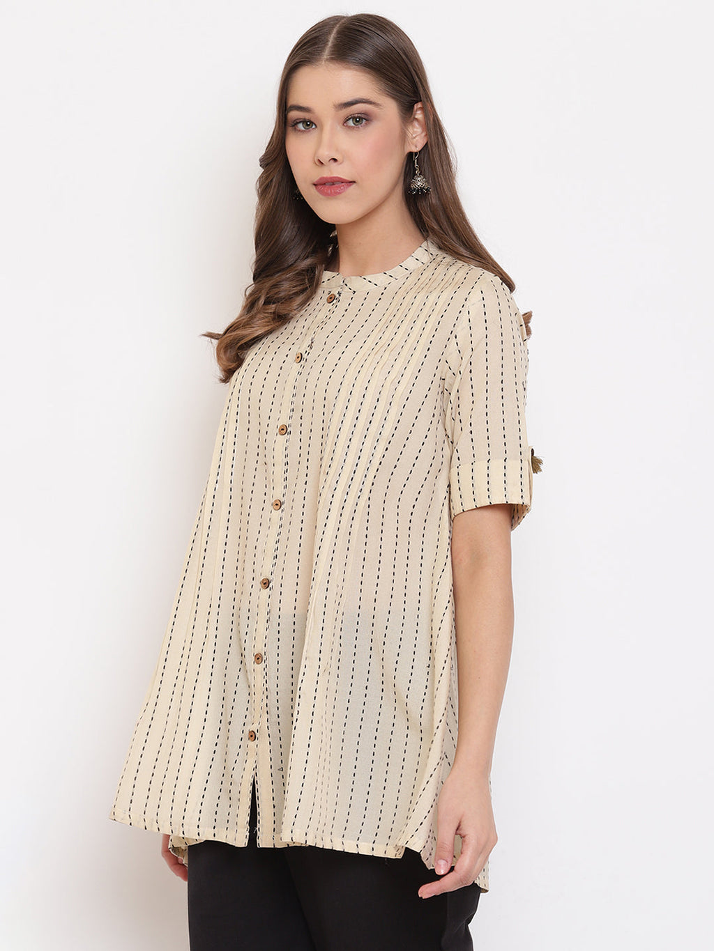 Janasya Women's Cream Cotton Striped Pleated Top