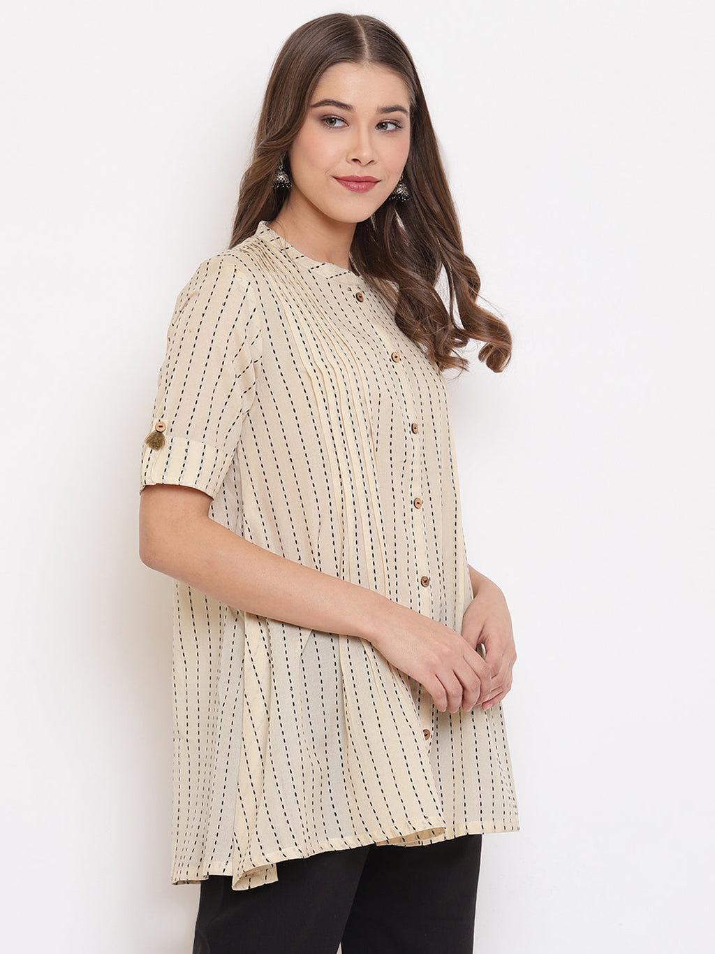 Janasya Women's Cream Cotton Striped Pleated Top