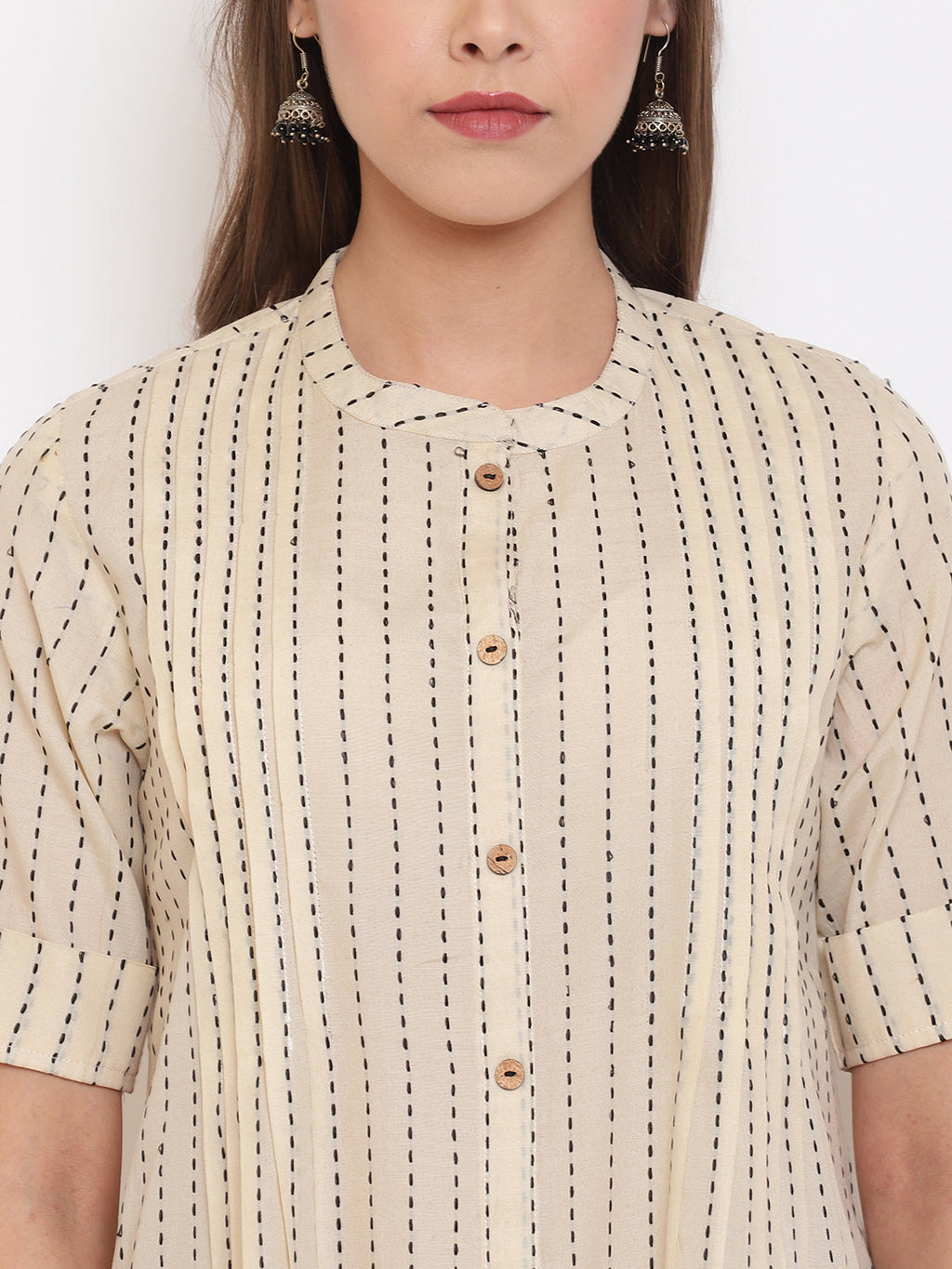 Janasya Women's Cream Cotton Striped Pleated Top