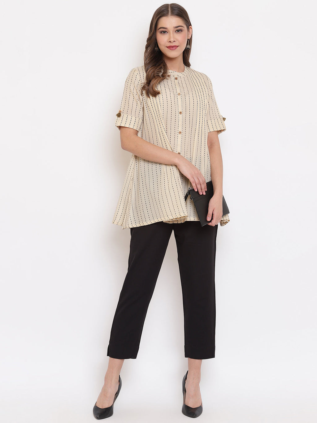 Janasya Women's Cream Cotton Striped Pleated Top