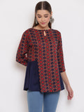 Janasya Women's Blue Rayon Ajrakh Gathered Top