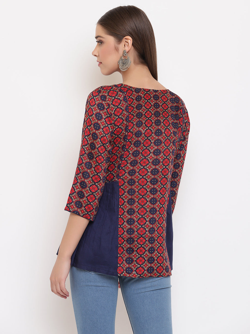 Janasya Women's Blue Rayon Ajrakh Gathered Top