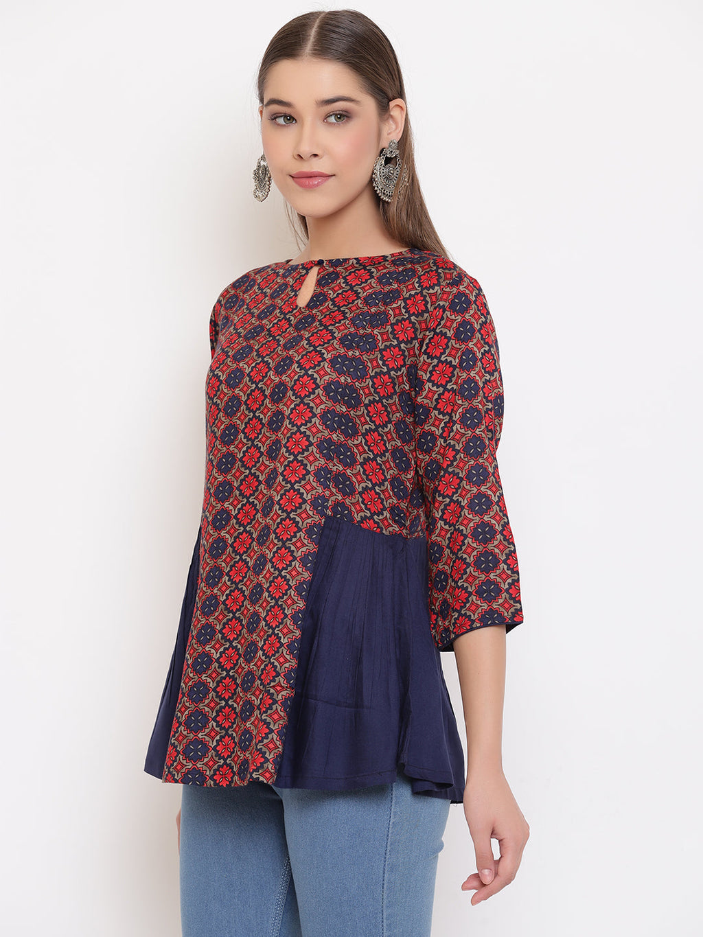 Janasya Women's Blue Rayon Ajrakh Gathered Top