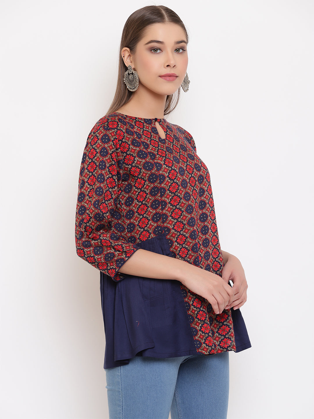 Janasya Women's Blue Rayon Ajrakh Gathered Top