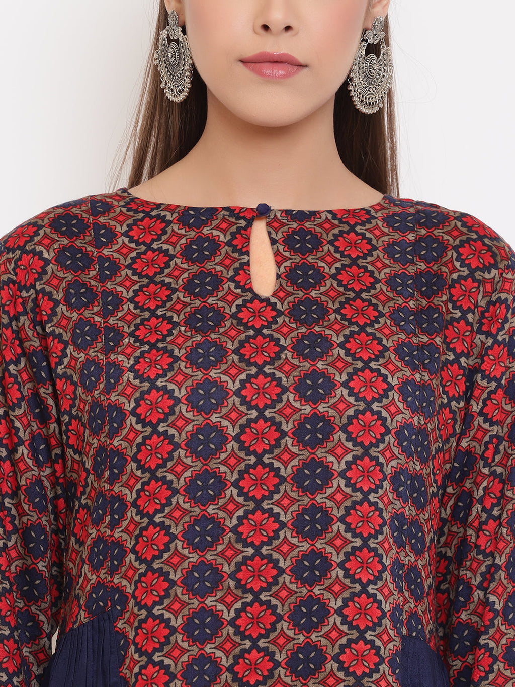 Janasya Women's Blue Rayon Ajrakh Gathered Top