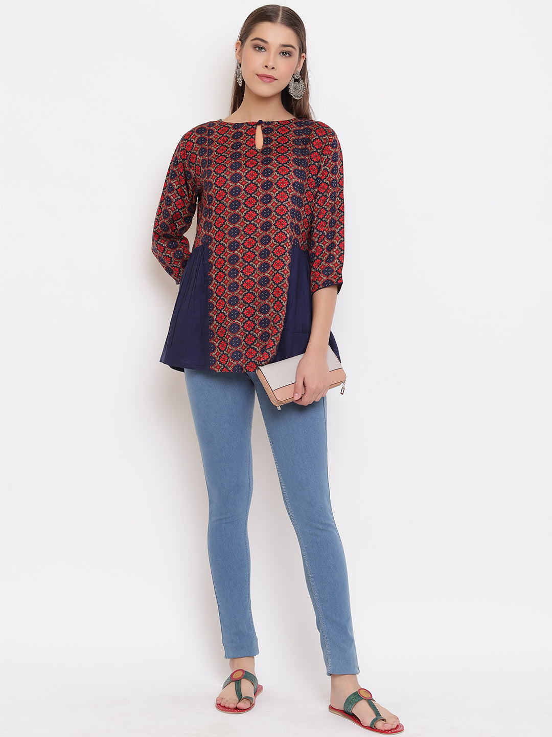 Janasya Women's Blue Rayon Ajrakh Gathered Top
