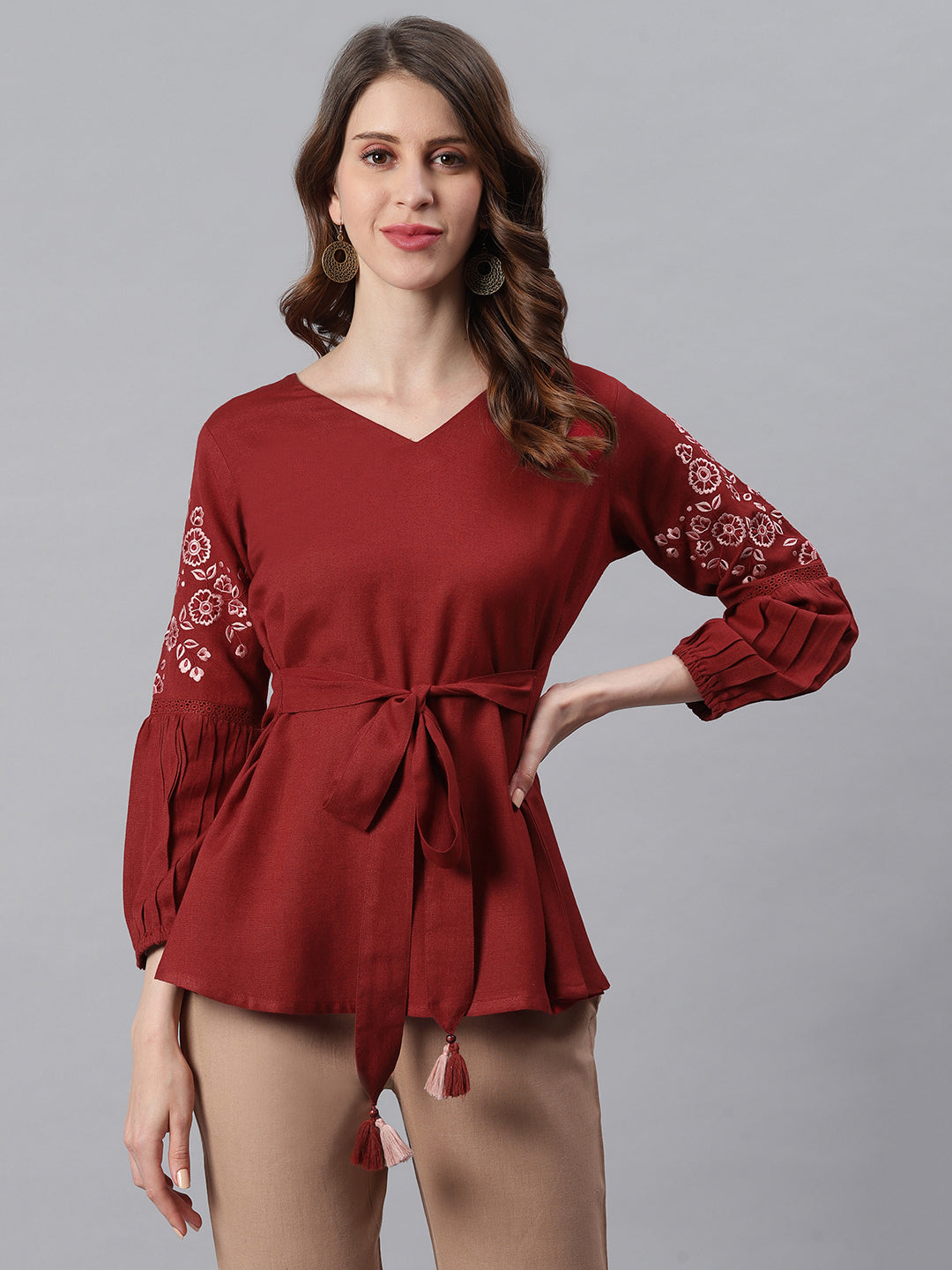 Janasya Women's Maroon Cotton Flex Embroidered A-Line Top