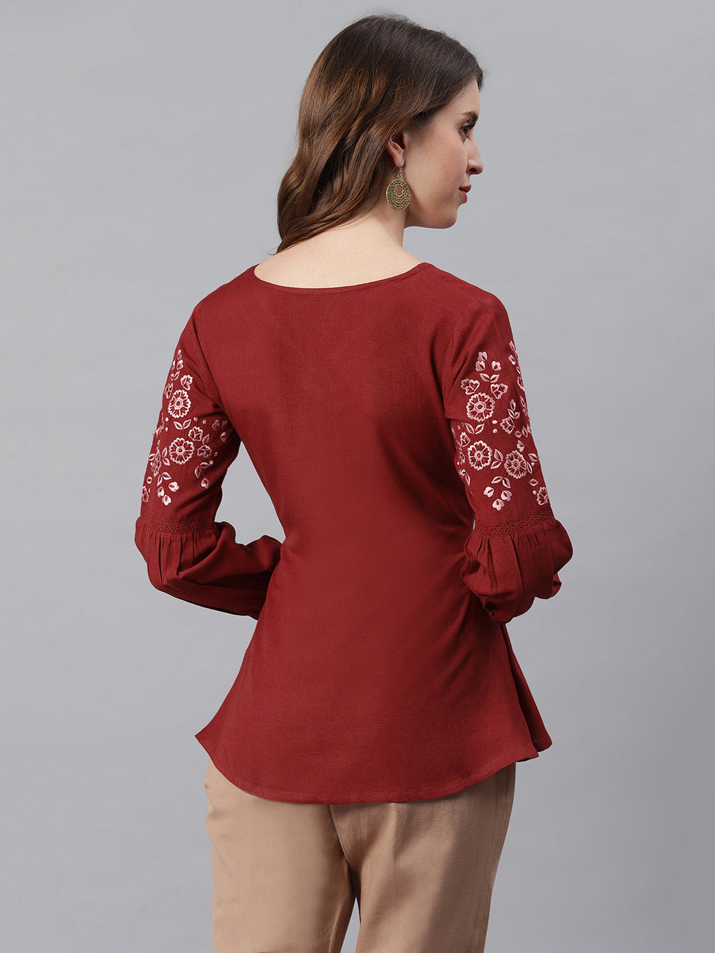 Janasya Women's Maroon Cotton Flex Embroidered A-Line Top
