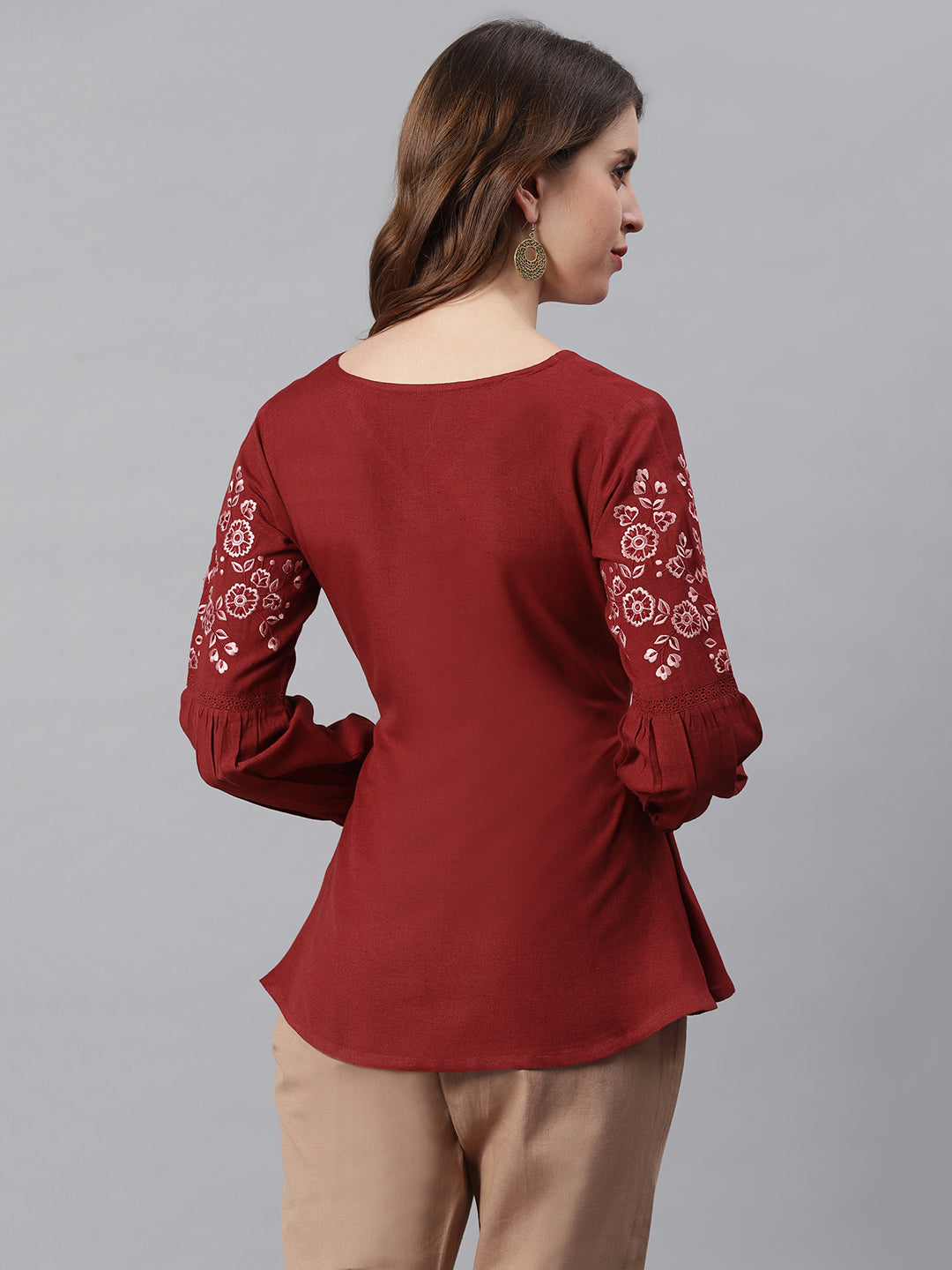 Janasya Women's Maroon Cotton Flex Embroidered A-Line Top