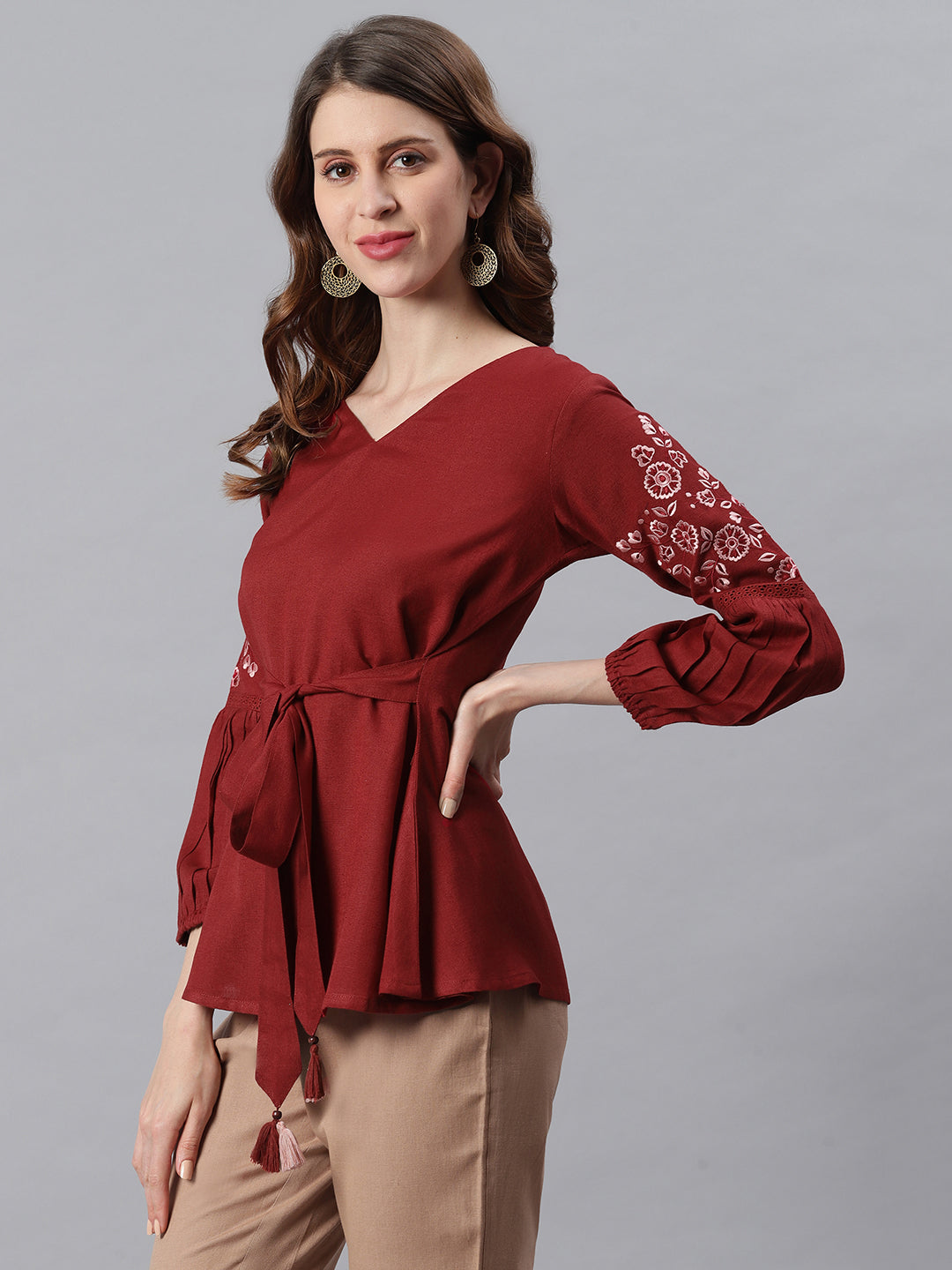 Janasya Women's Maroon Cotton Flex Embroidered A-Line Top