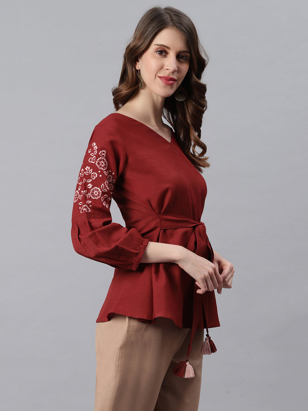 Janasya Women's Maroon Cotton Flex Embroidered A-Line Top