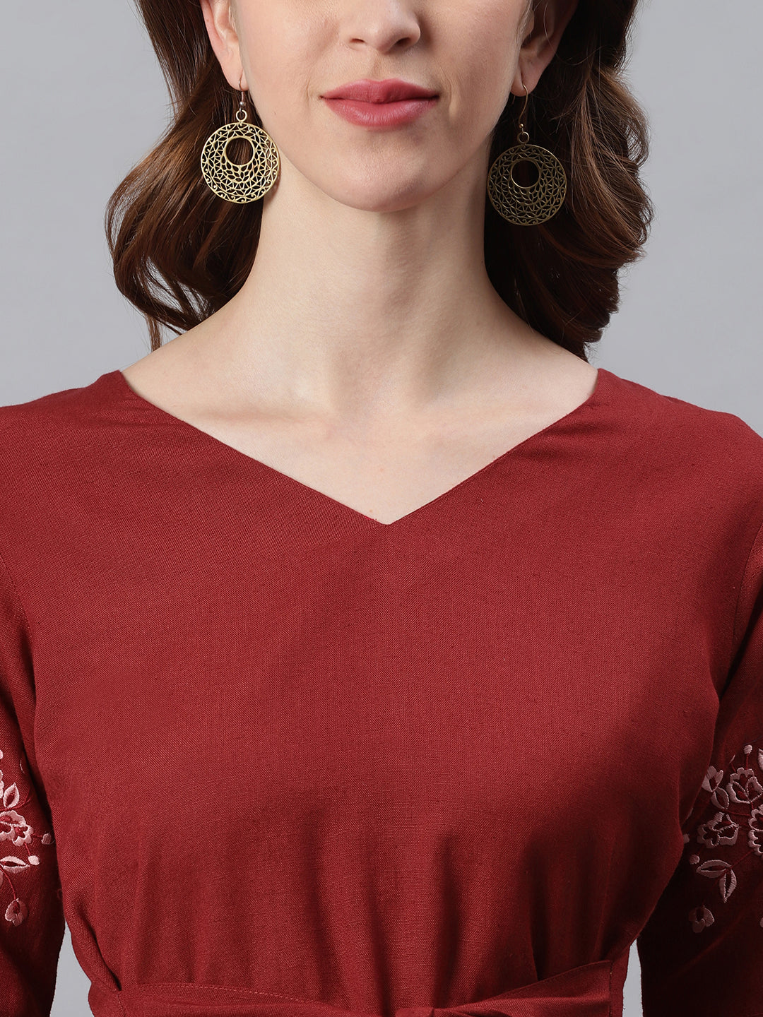 Janasya Women's Maroon Cotton Flex Embroidered A-Line Top