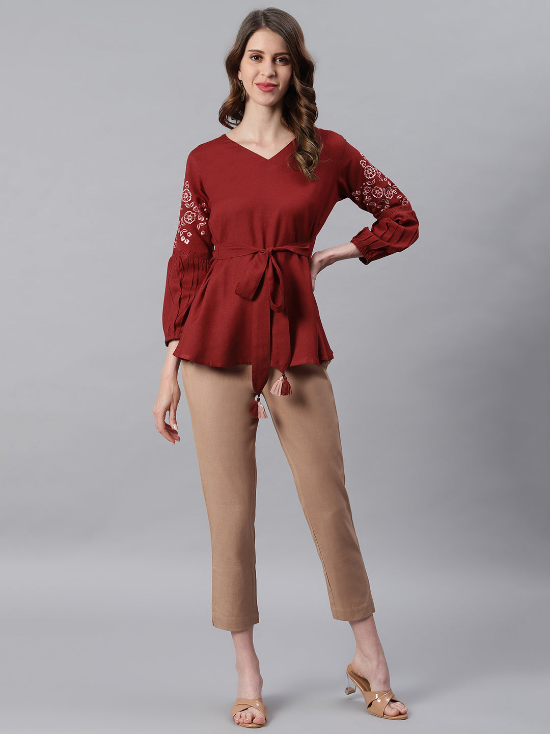 Janasya Women's Maroon Cotton Flex Embroidered A-Line Top