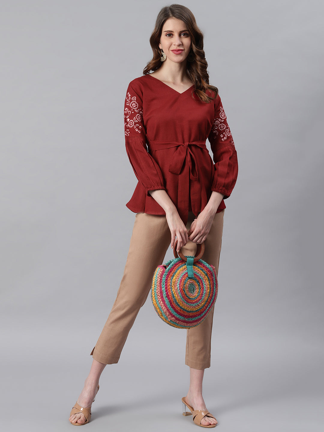Janasya Women's Maroon Cotton Flex Embroidered A-Line Top