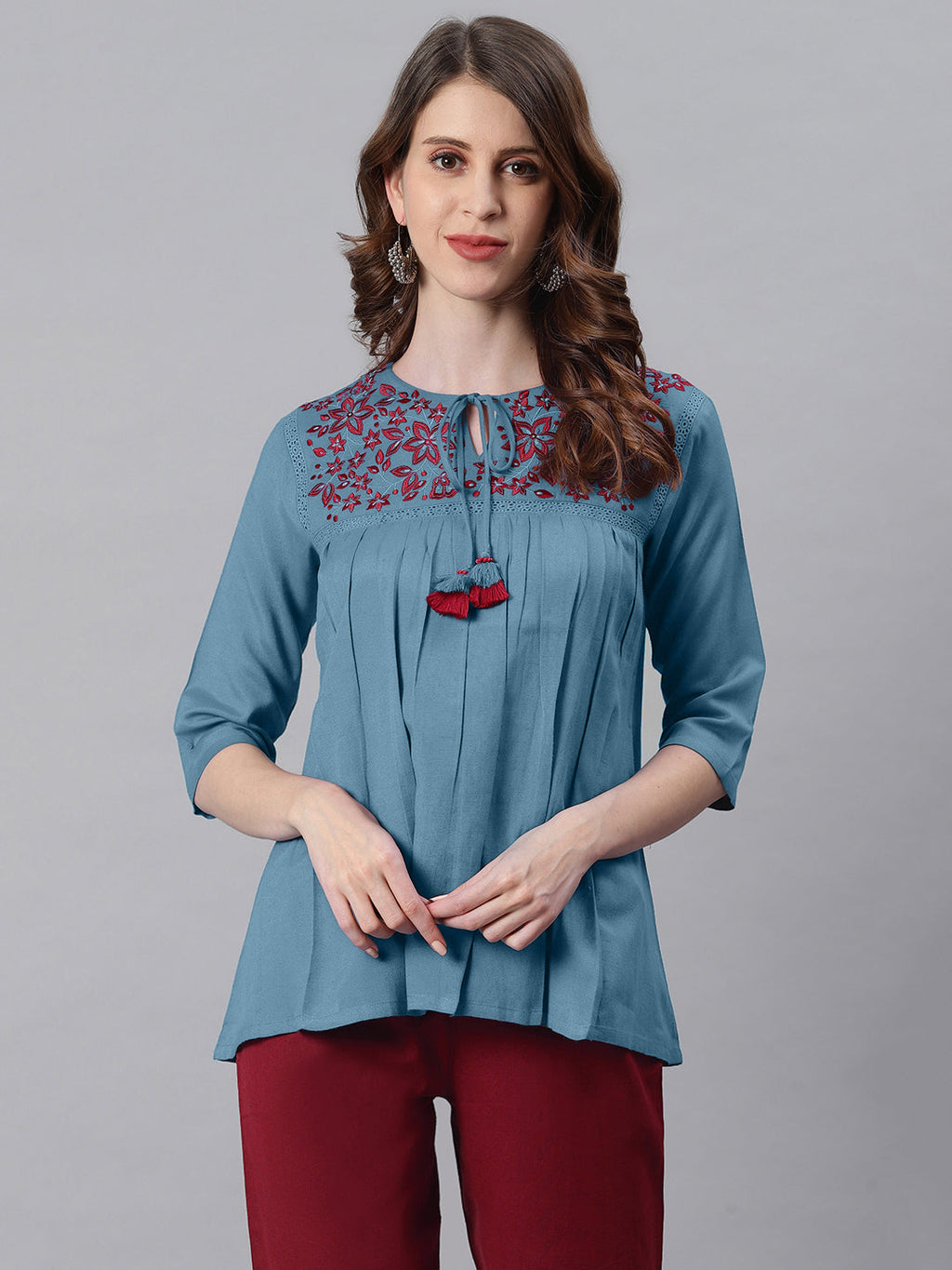Janasya Women's Blue Cotton Flex Embroidered Gathered Top