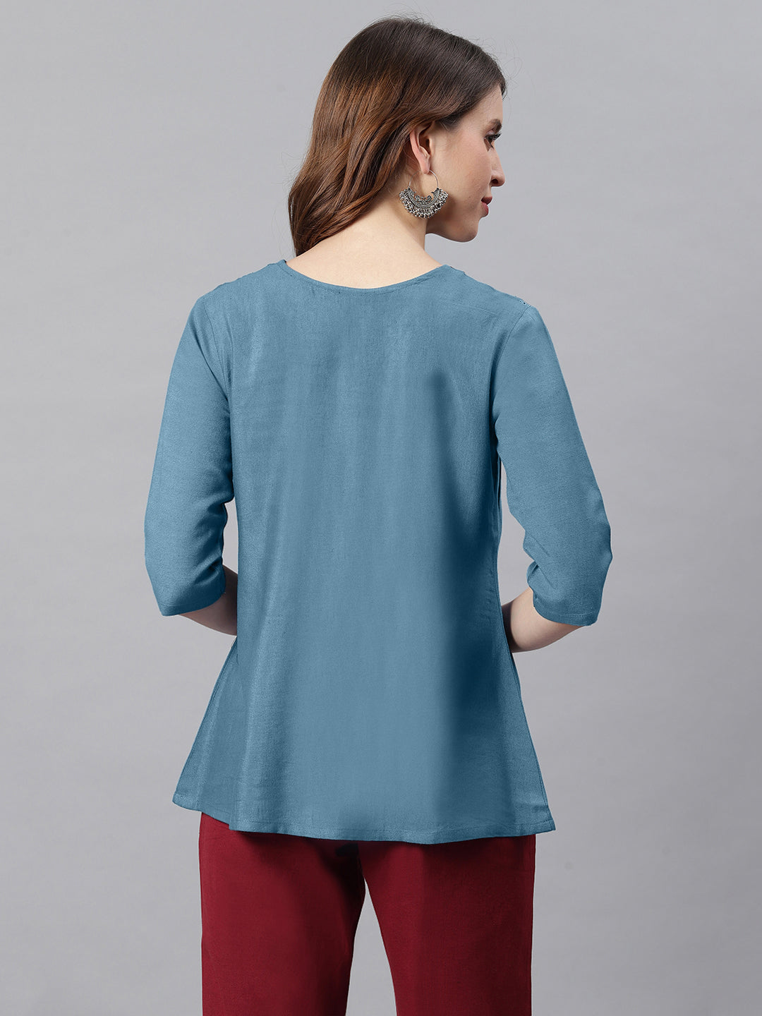 Janasya Women's Blue Cotton Flex Embroidered Gathered Top