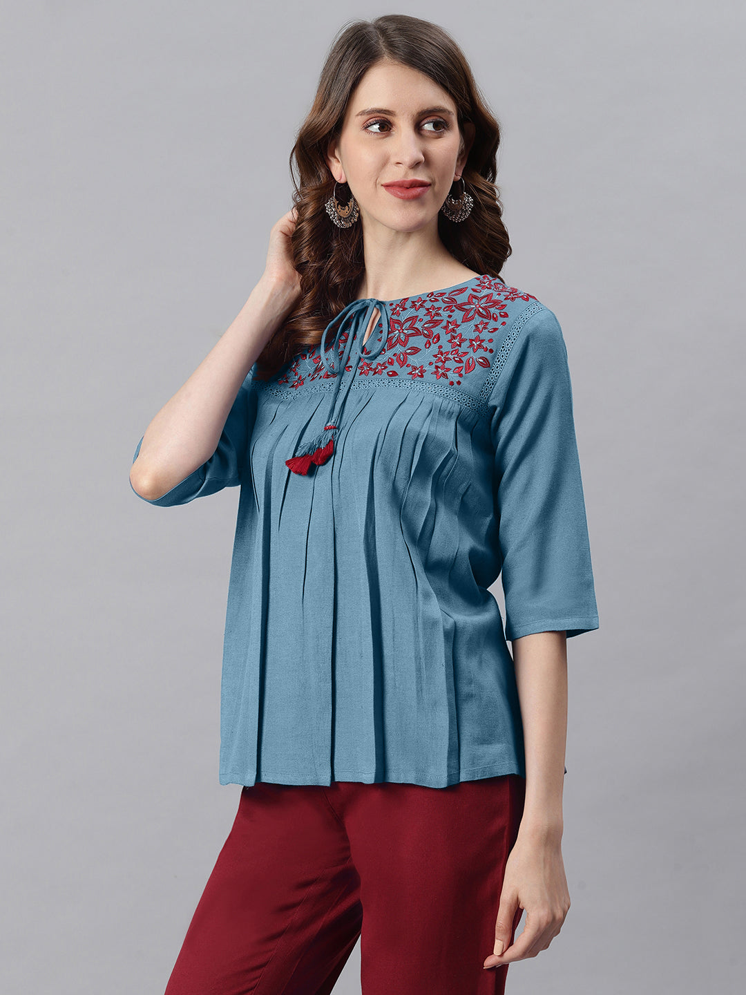 Janasya Women's Blue Cotton Flex Embroidered Gathered Top