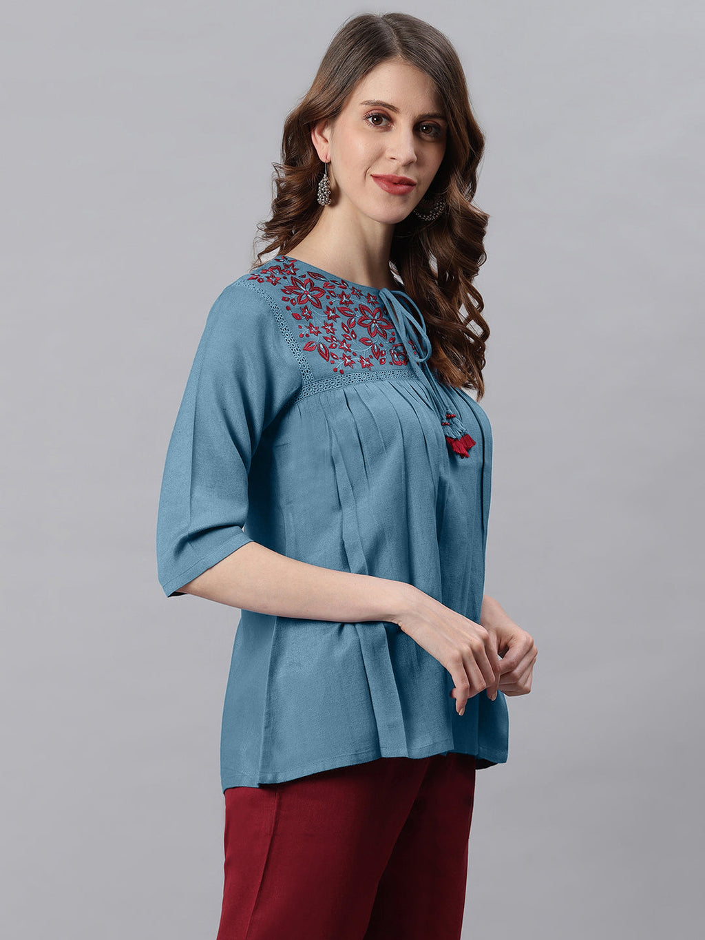 Janasya Women's Blue Cotton Flex Embroidered Gathered Top