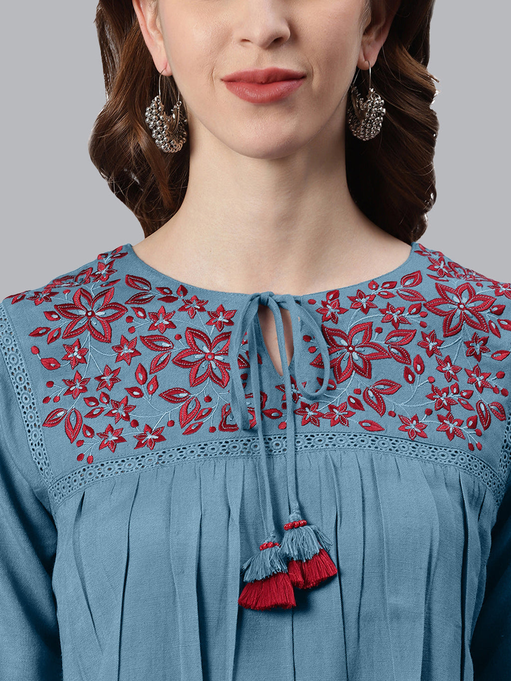 Janasya Women's Blue Cotton Flex Embroidered Gathered Top