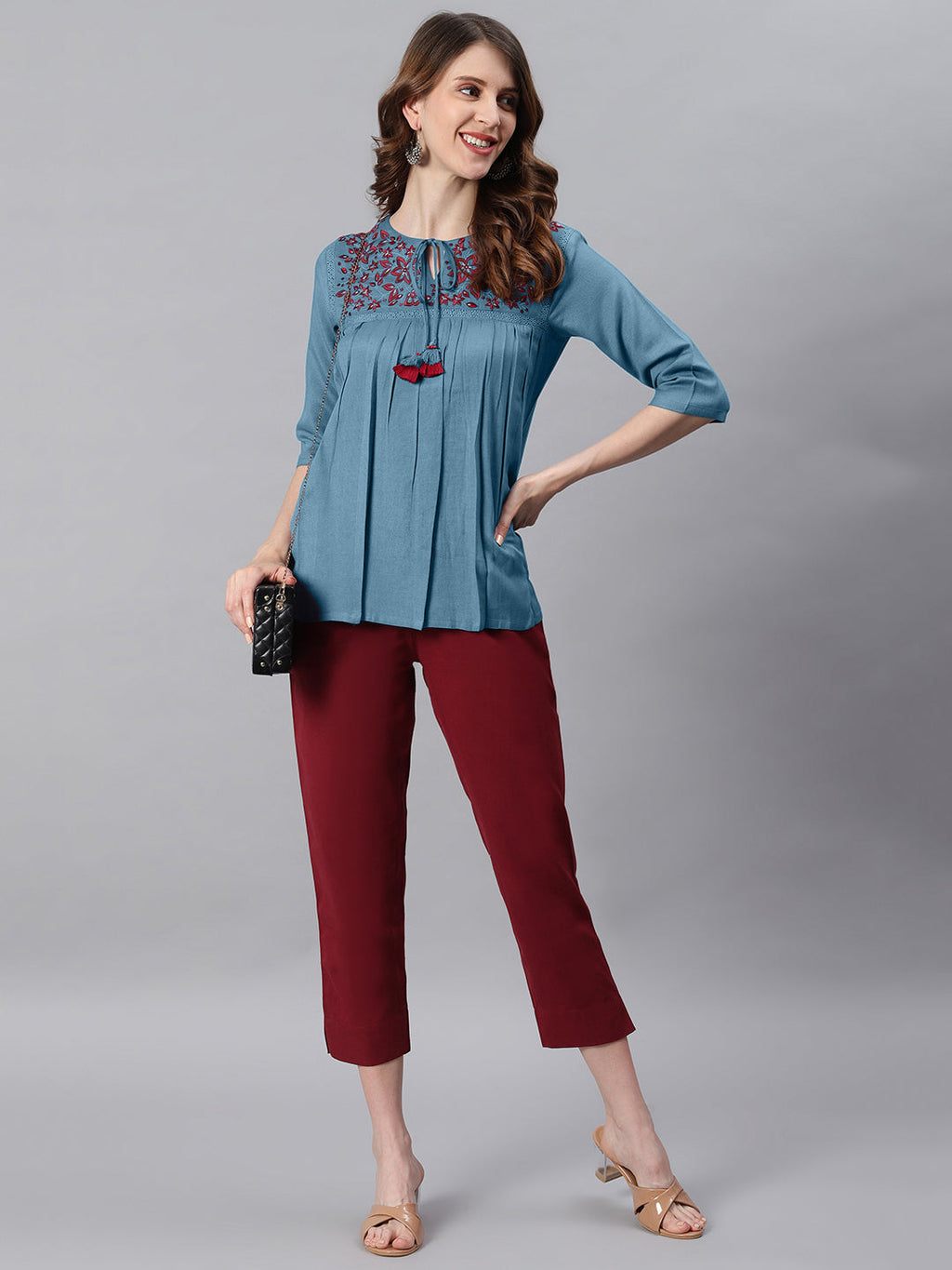 Janasya Women's Blue Cotton Flex Embroidered Gathered Top