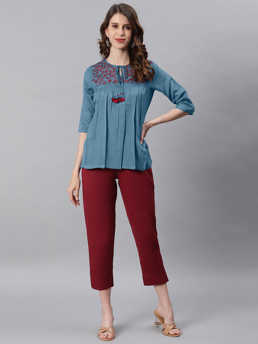 Janasya Women's Blue Cotton Flex Embroidered Gathered Top