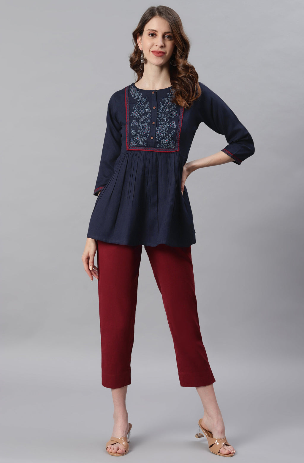 Janasya Women's Navy Blue Cotton Flex Embroidered Gathered Top