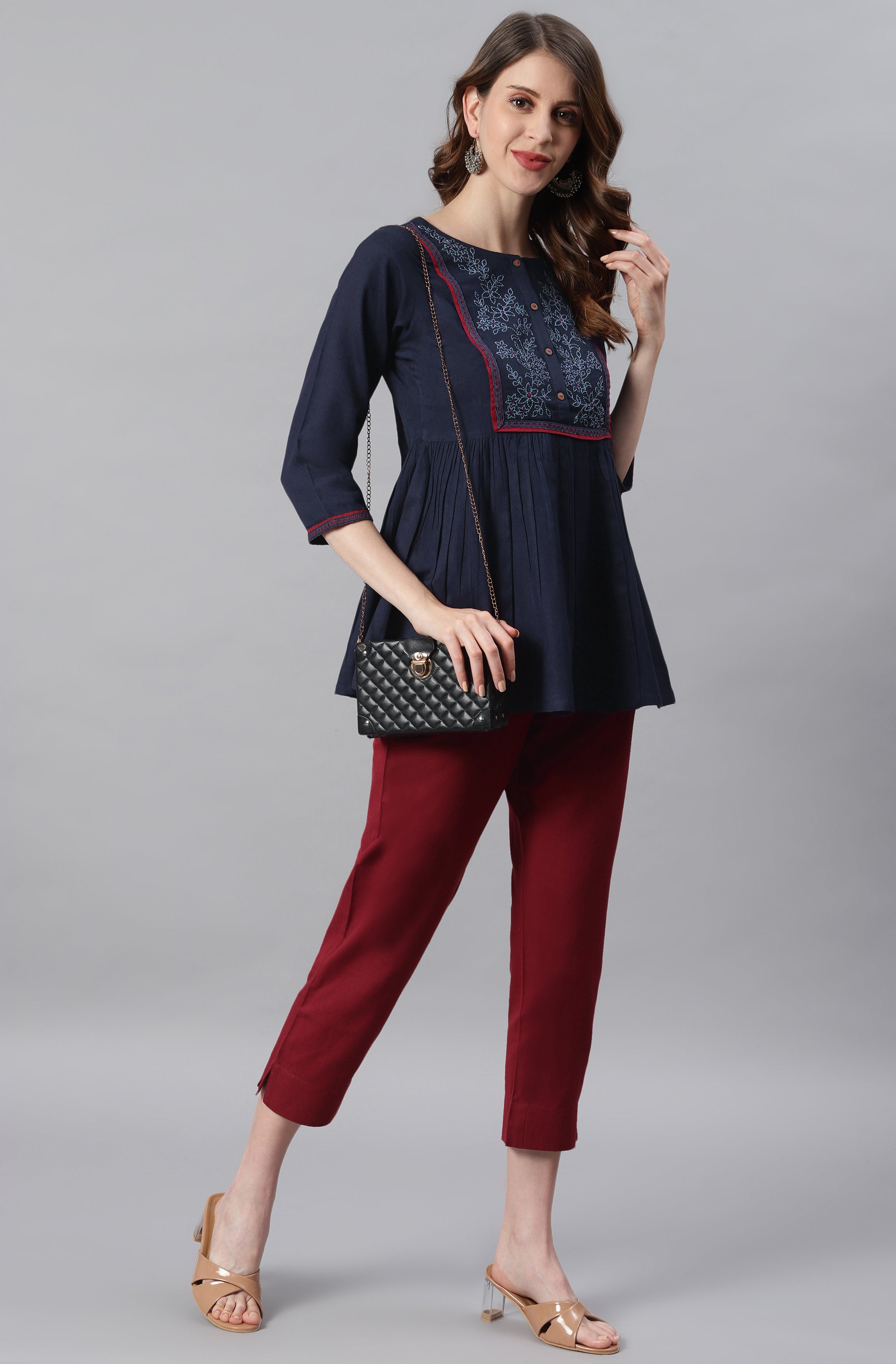 Janasya Women's Navy Blue Cotton Flex Embroidered Gathered Top