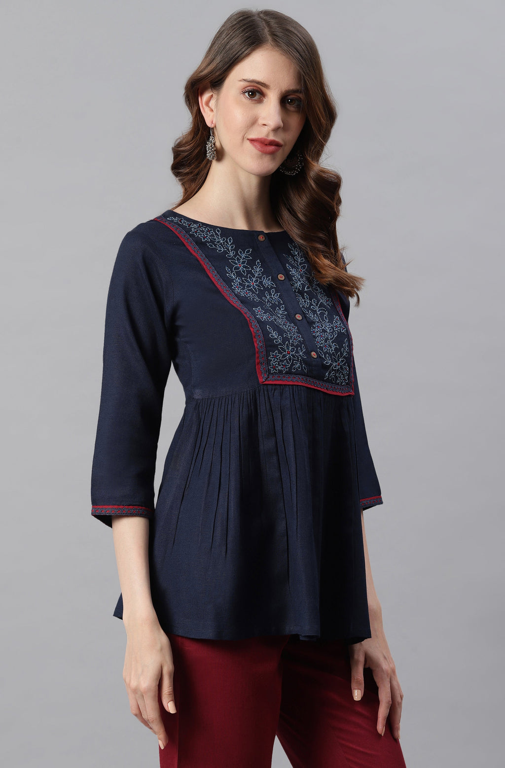 Janasya Women's Navy Blue Cotton Flex Embroidered Gathered Top
