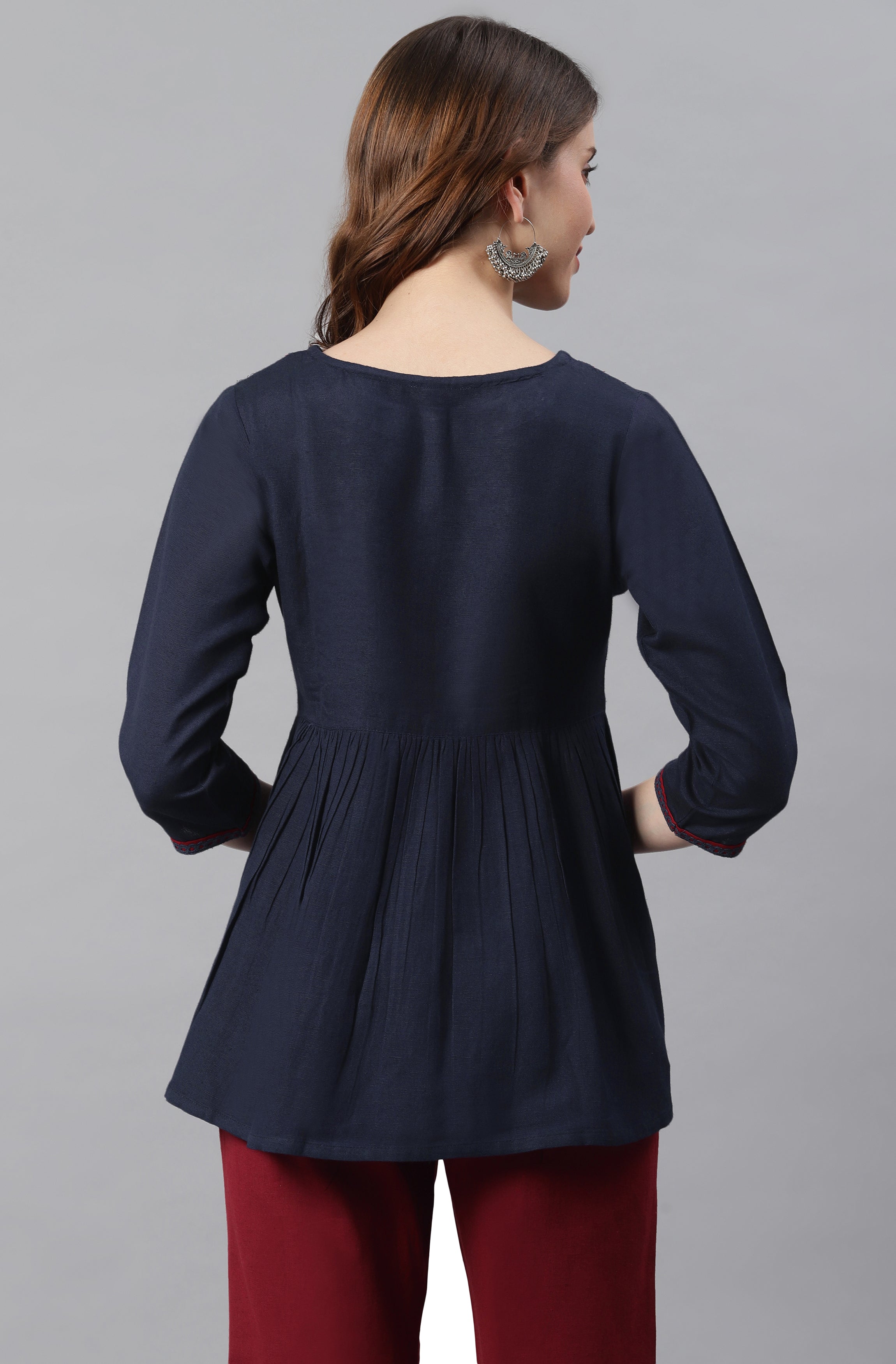 Janasya Women's Navy Blue Cotton Flex Embroidered Gathered Top