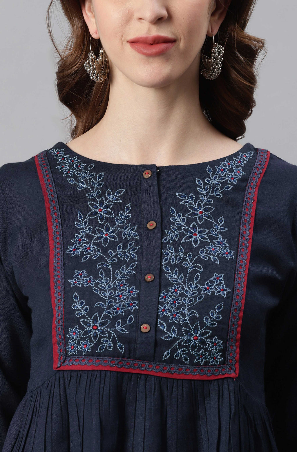 Janasya Women's Navy Blue Cotton Flex Embroidered Gathered Top