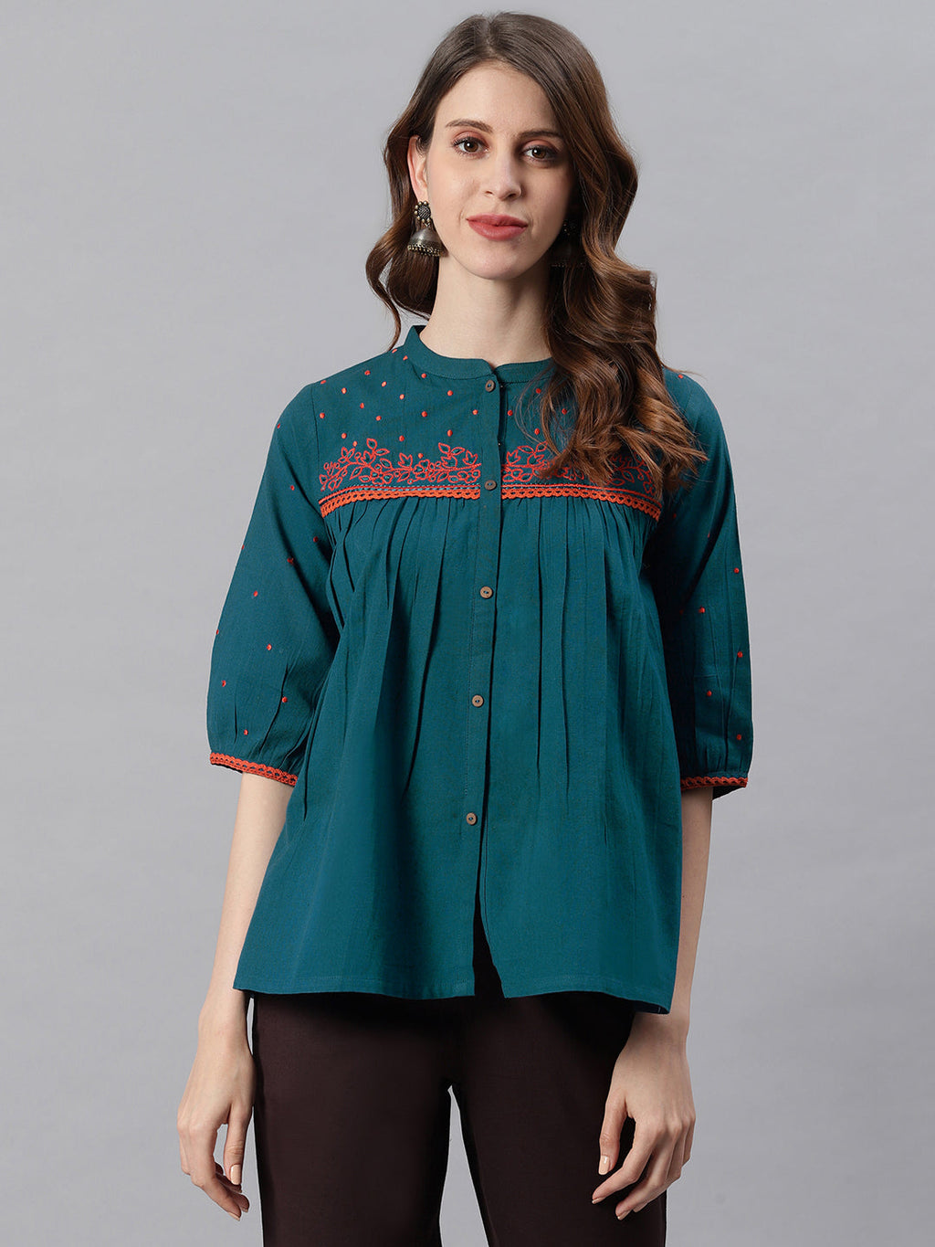 Janasya Women's Teal Cotton Flex Embroidered Regular Top