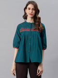 Janasya Women's Teal Cotton Flex Embroidered Regular Top