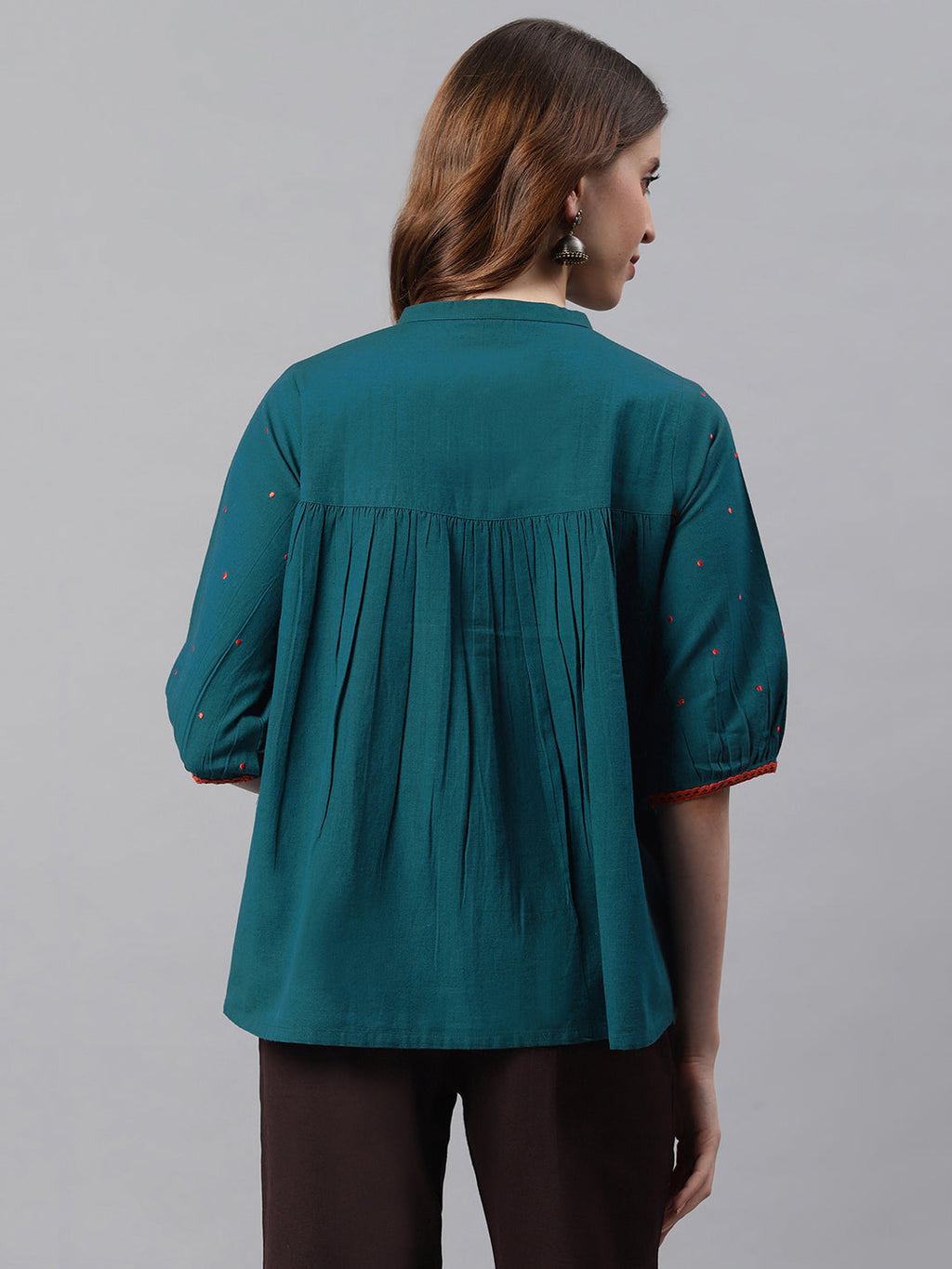 Janasya Women's Teal Cotton Flex Embroidered Regular Top