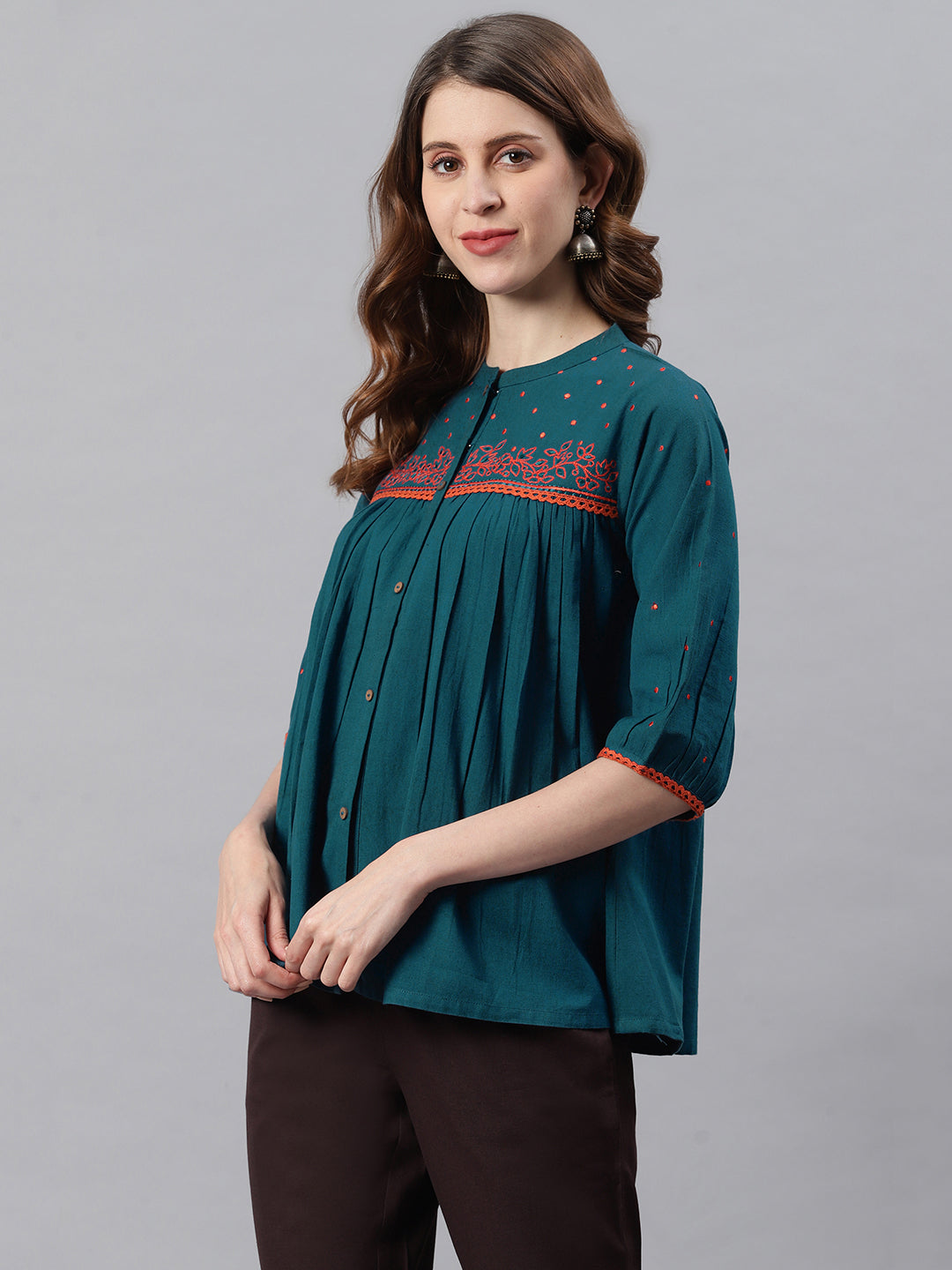 Janasya Women's Teal Cotton Flex Embroidered Regular Top