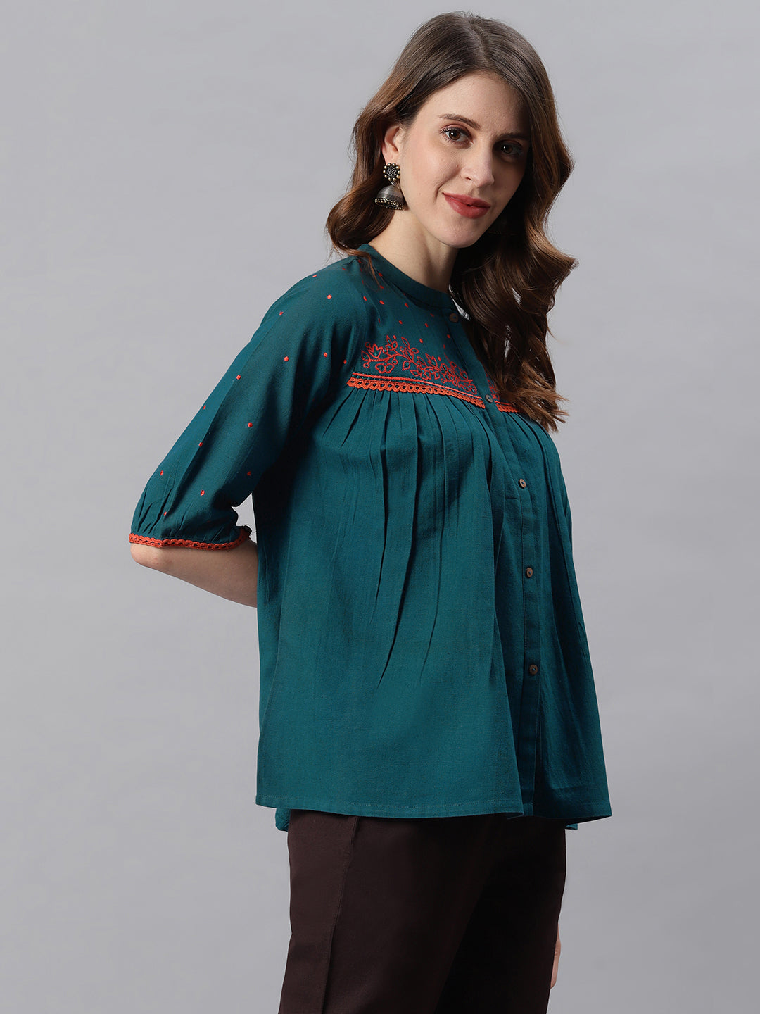 Janasya Women's Teal Cotton Flex Embroidered Regular Top