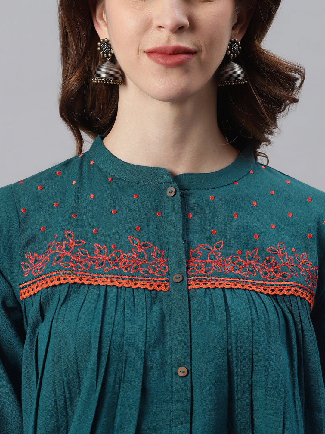 Janasya Women's Teal Cotton Flex Embroidered Regular Top