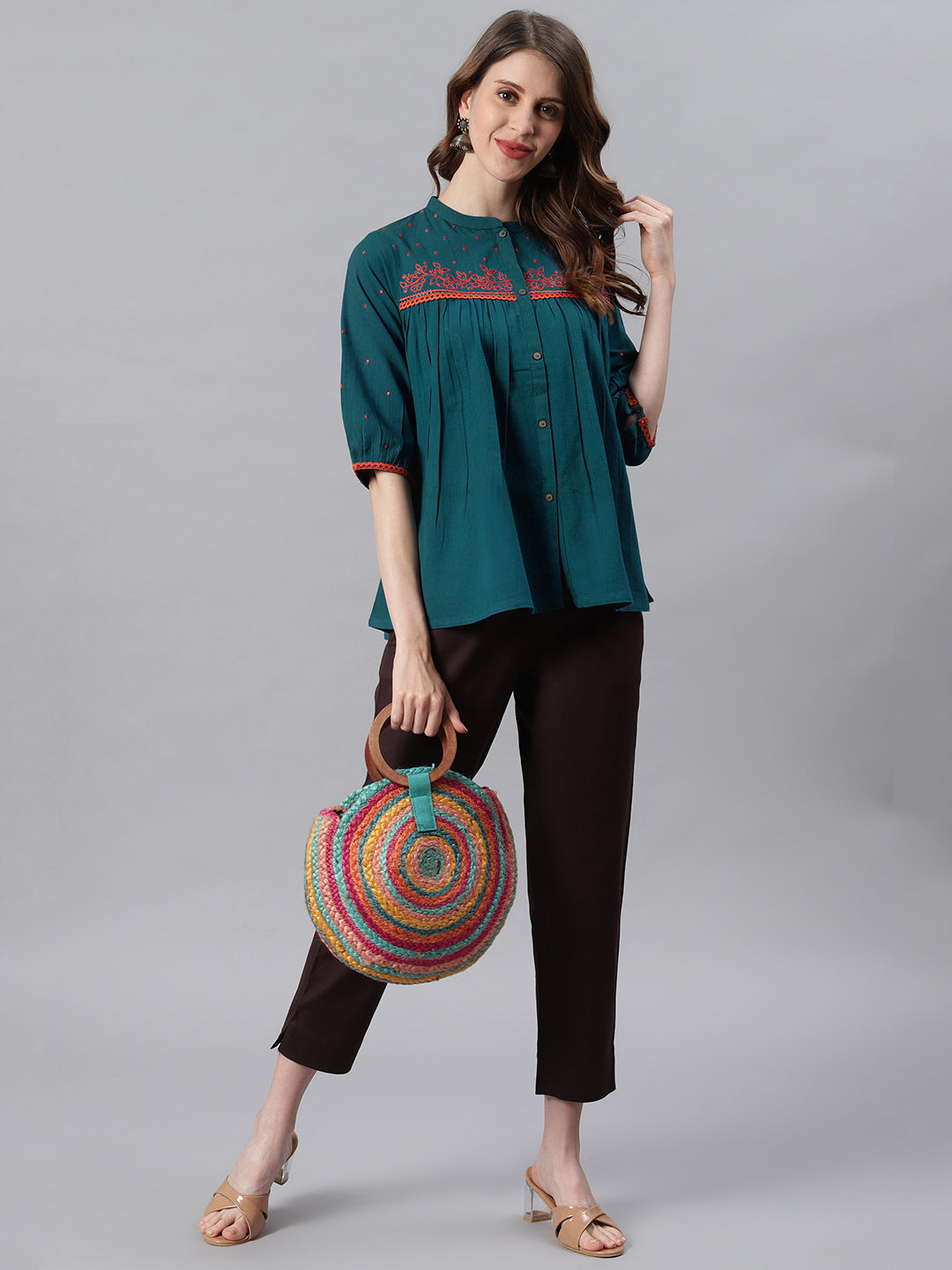 Janasya Women's Teal Cotton Flex Embroidered Regular Top