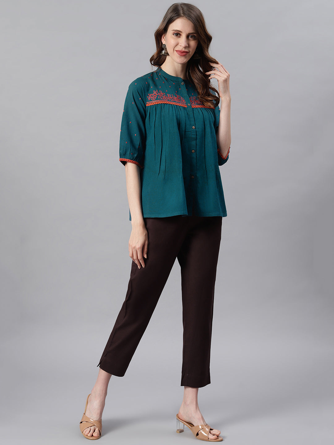 Janasya Women's Teal Cotton Flex Embroidered Regular Top