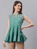Janasya Women's Green Cotton Flex Embroidered Gathered Top