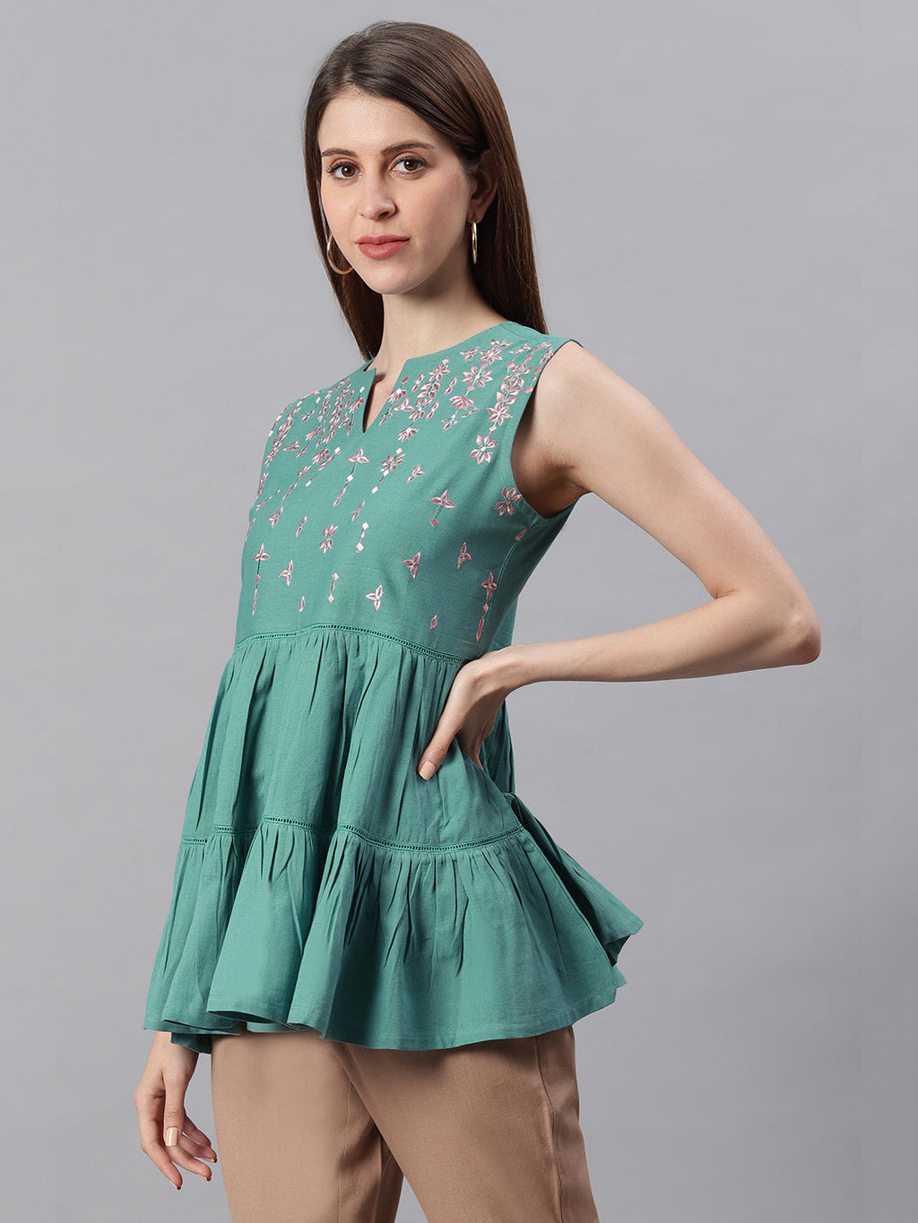 Janasya Women's Green Cotton Flex Embroidered Gathered Top