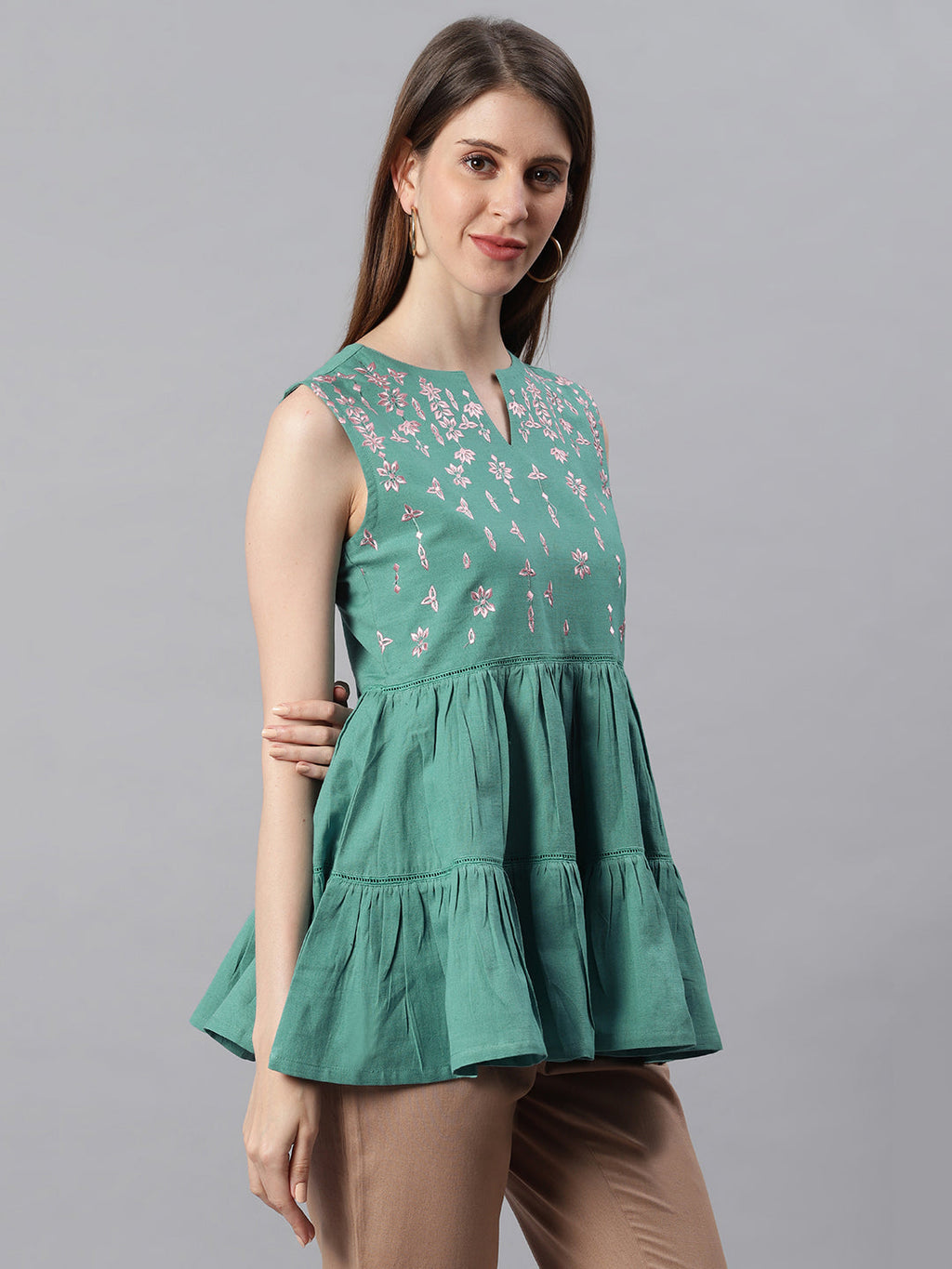 Janasya Women's Green Cotton Flex Embroidered Gathered Top