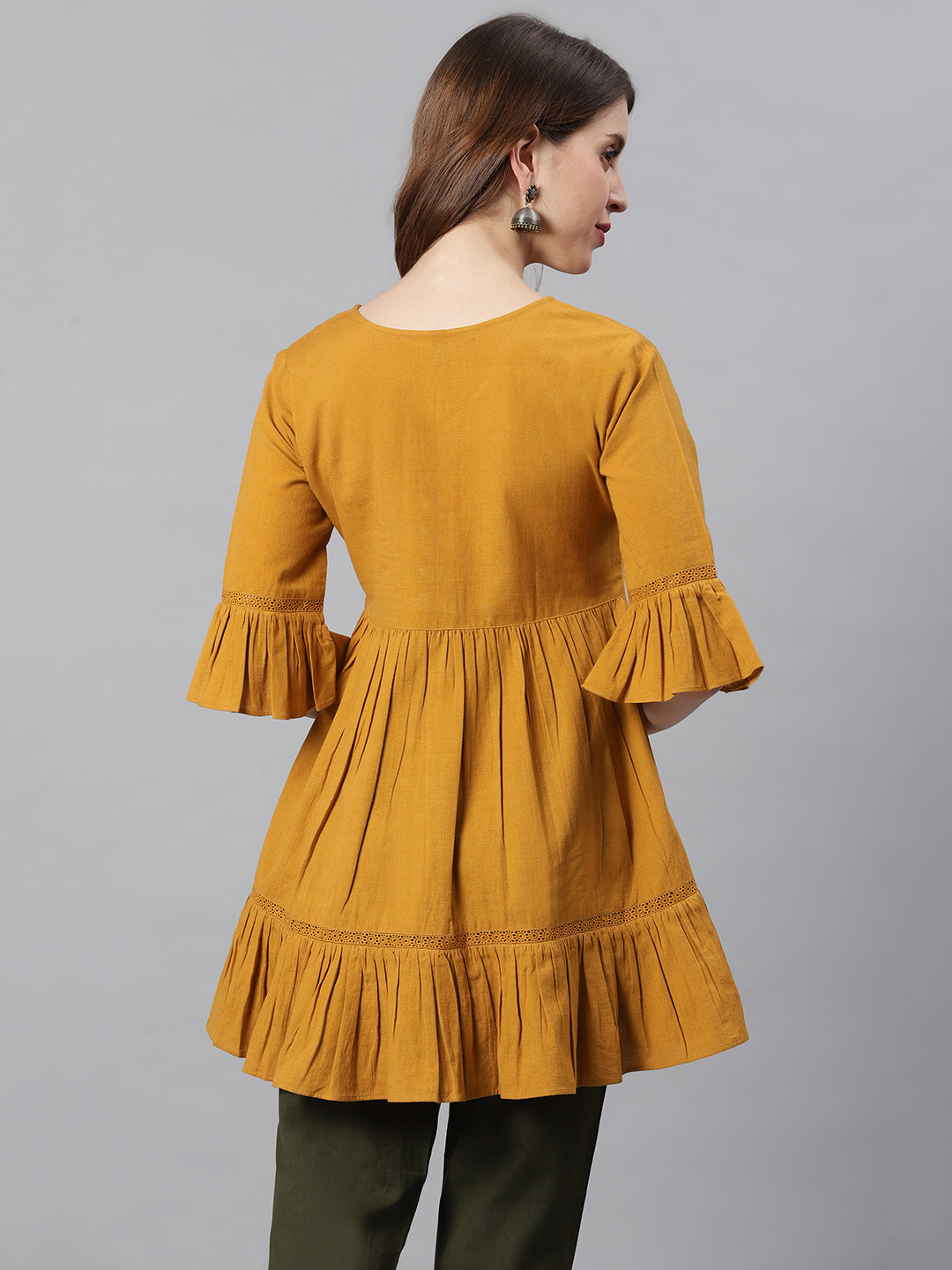 Janasya Women's Mustard Cotton Flex Embellished Gathered Tunic