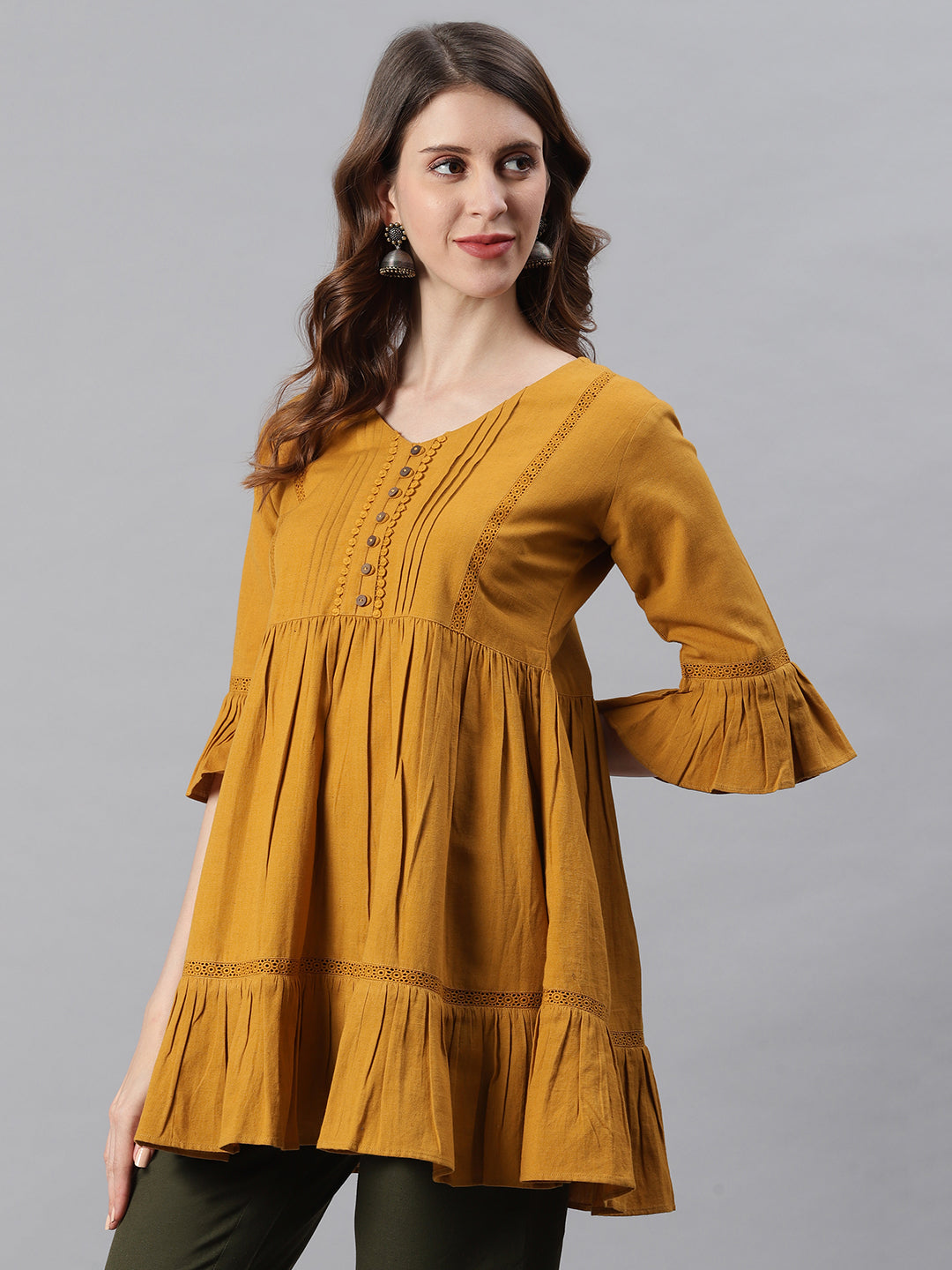 Janasya Women's Mustard Cotton Flex Embellished Gathered Tunic