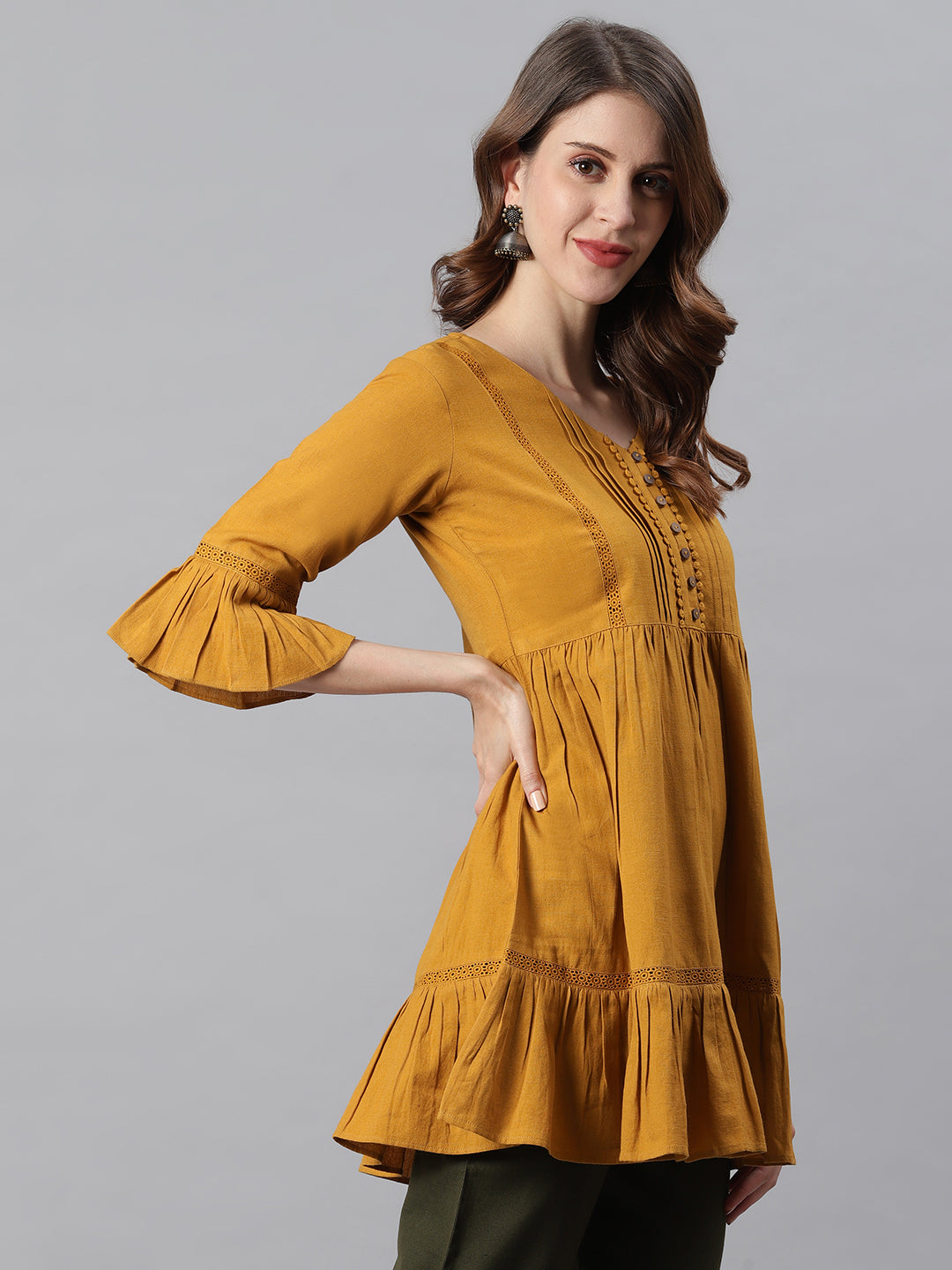 Janasya Women's Mustard Cotton Flex Embellished Gathered Tunic