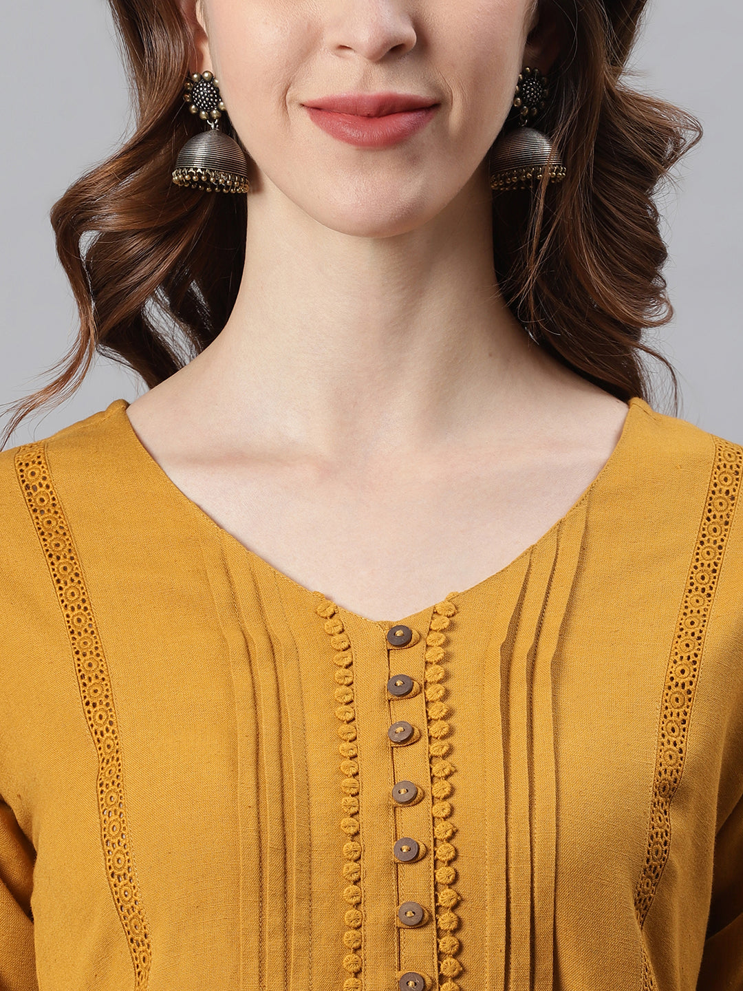 Janasya Women's Mustard Cotton Flex Embellished Gathered Tunic